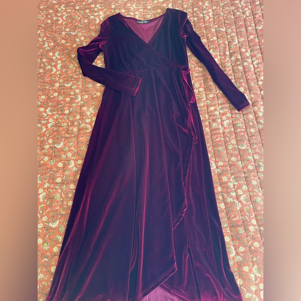 Velvety burgundy long sleeve wrap dress